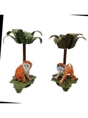 Petite Choses Monkey Palm Tree Tropical Candle Holders Pair Metal Taper Holders